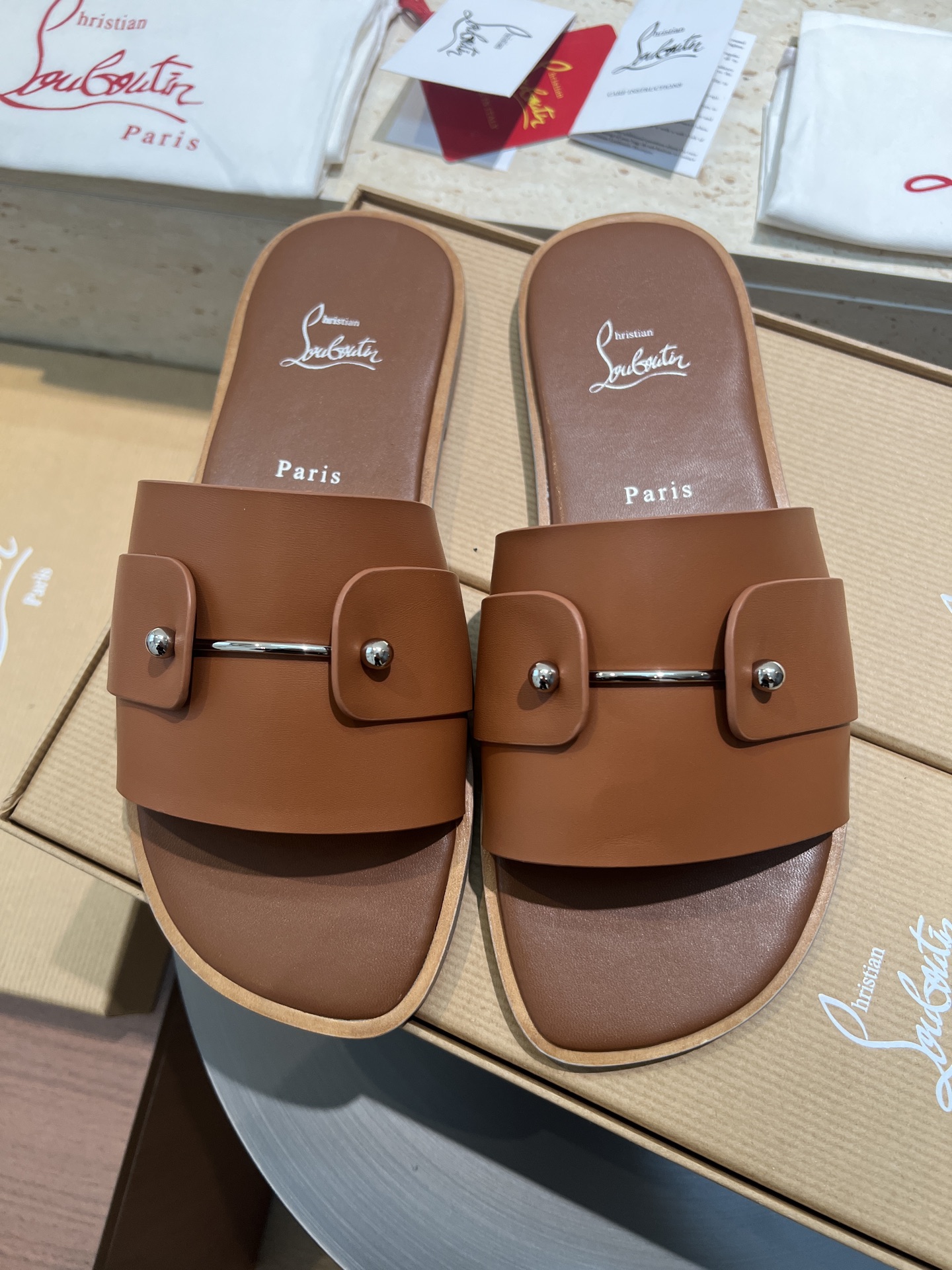 Christian Louboutin Slides in Tan Leather with Silver Hardware, Sizes 39-44 1 Christian Louboutin Slides in Tan Leather with Silver Hardware, Sizes 39-44