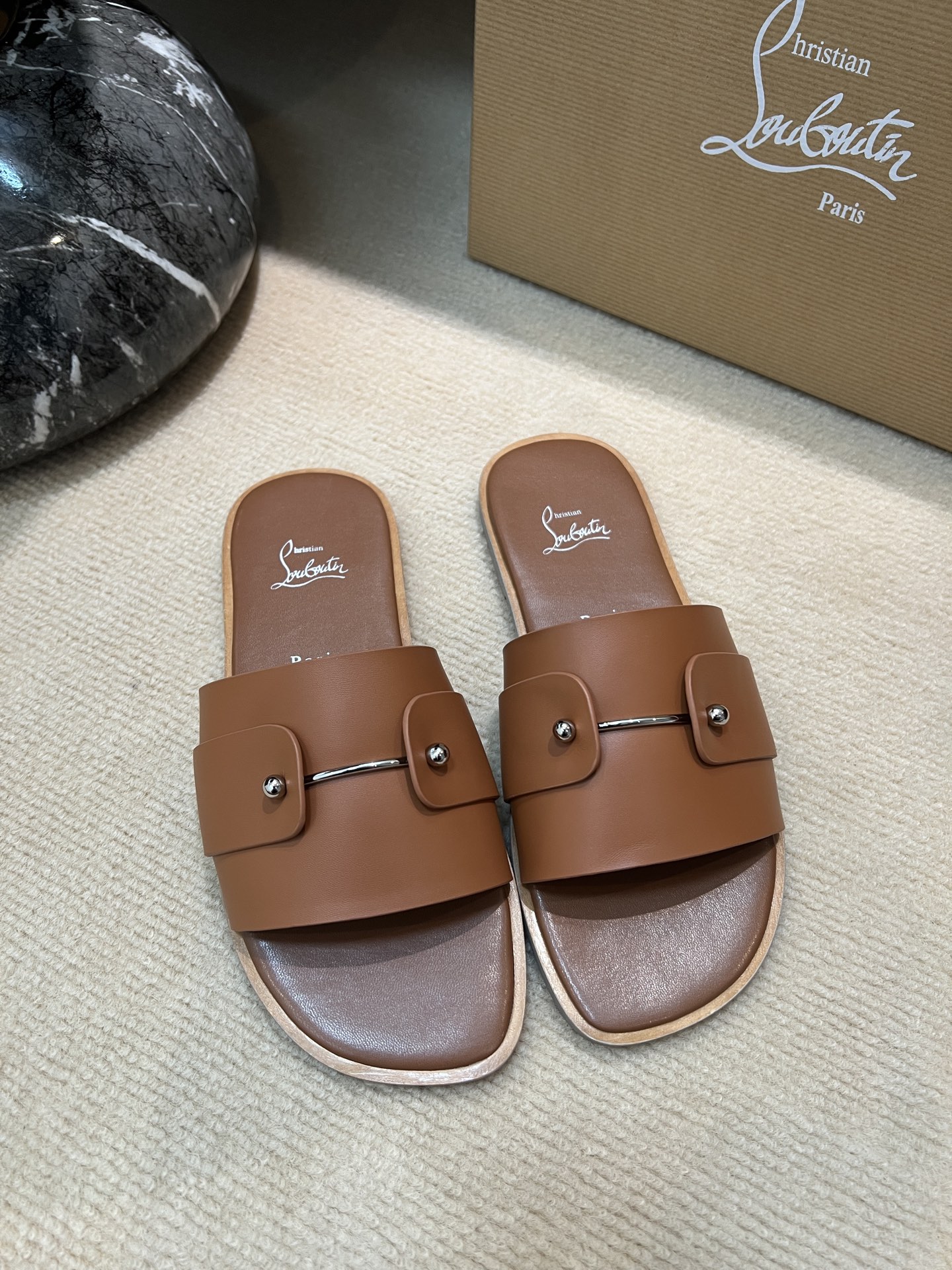 Christian Louboutin Slides in Tan Leather with Silver Hardware, Sizes 39-44 6 i1744727550743 5384 0 4