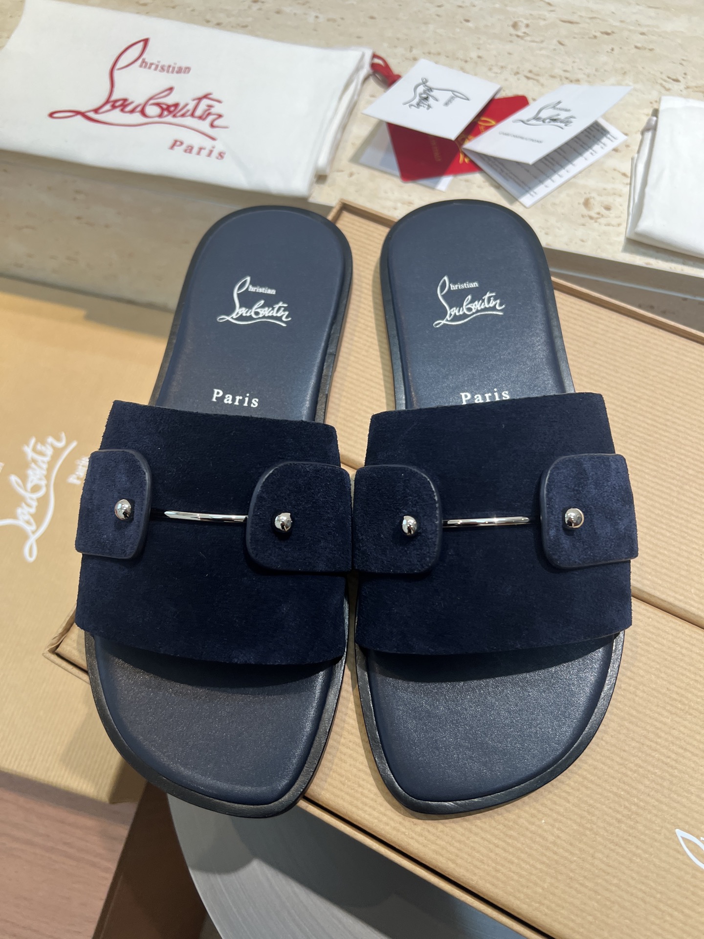 Christian Louboutin Runway Slides in Blue Suede Leather, Sizes 39-44 1 Christian Louboutin Runway Slides in Blue Suede Leather, Sizes 39-44