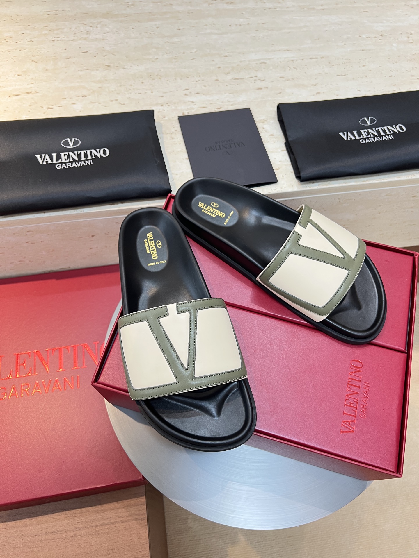 Valentino Men's Leather Slides with Signature 'V' Detail - Summer Essential 1 Valentino Men's Leather Slides with Signature 'V' Detail - Summer Essential