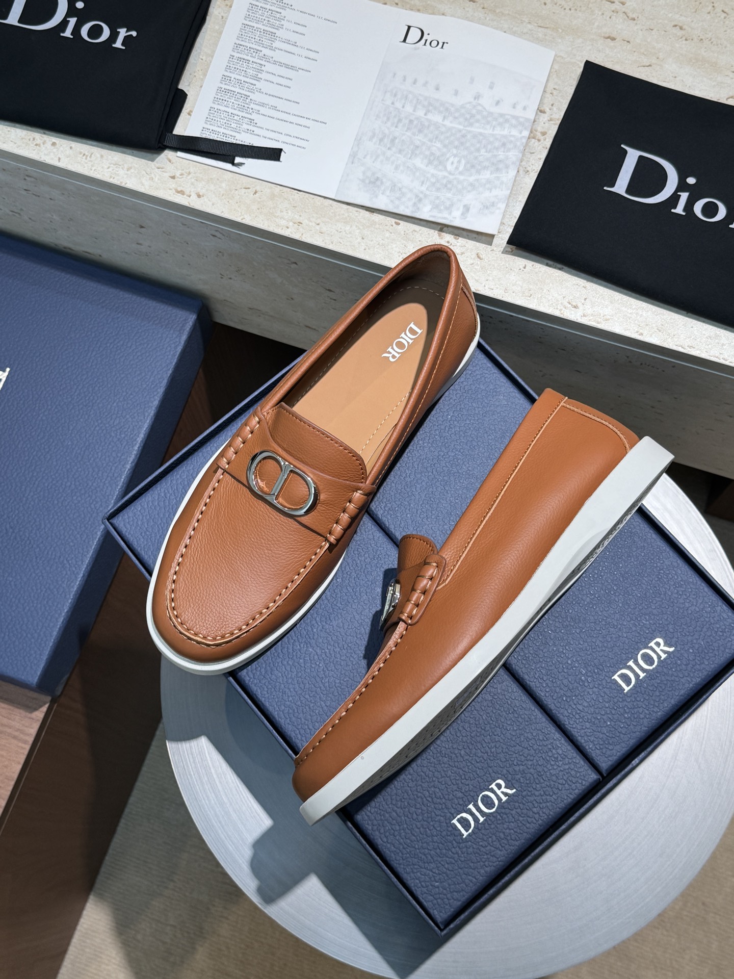 Dior Granville Leather Loafers - Tan Leather Upper with Iconic CD Buckle
