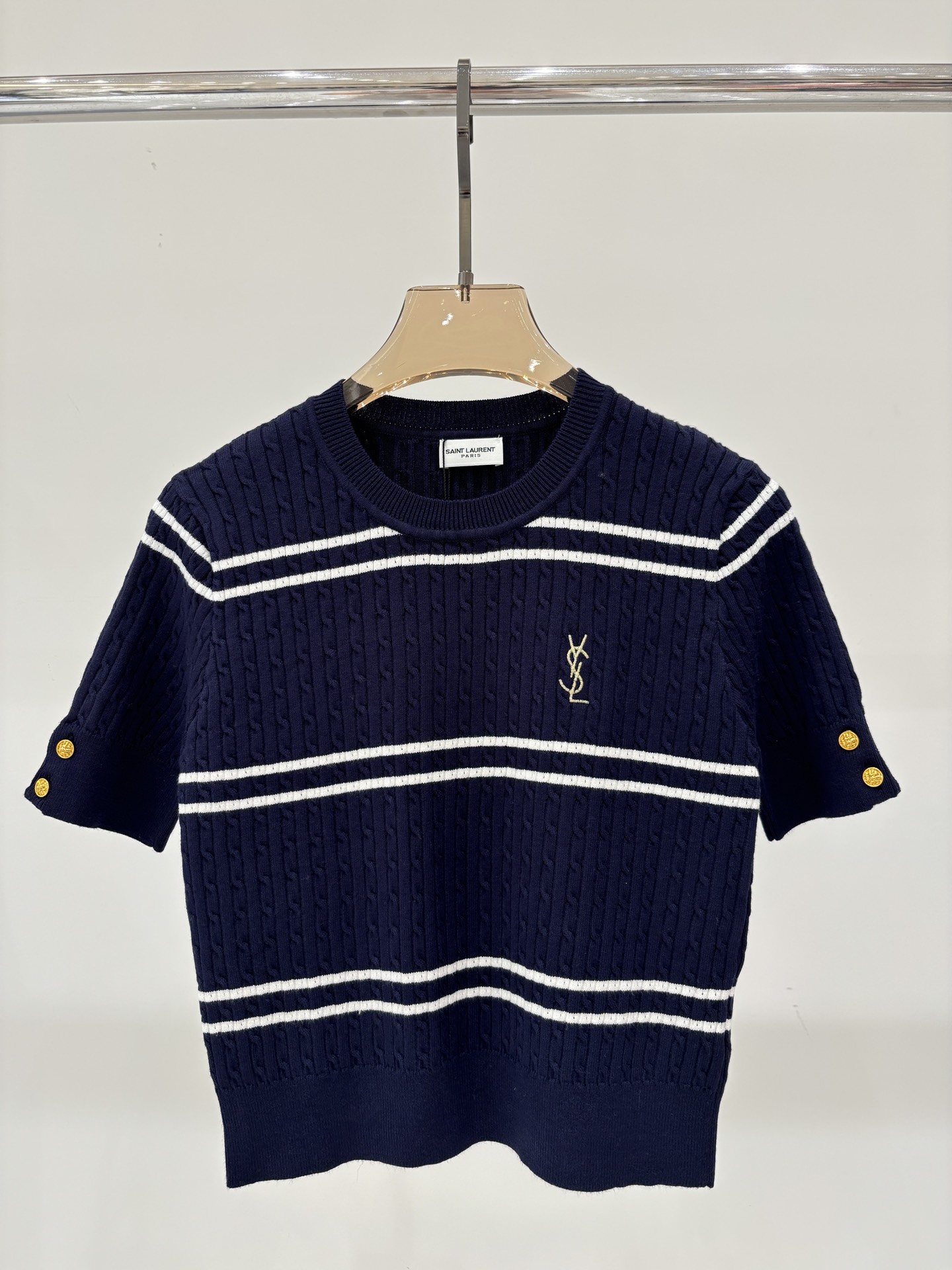 NO:453480,Saint Laurent short sleeves｜25 summer new round neck letter logo embroidery stripes contrast color casual knitted short sleeves, saint laurent, T-shirt, alexander wang19860909圣罗兰短袖｜25夏季新款圆领字母logo刺绣条纹撞色休闲针织短袖,,saint laurent,T-shirt,alexander wang,Women's clothing