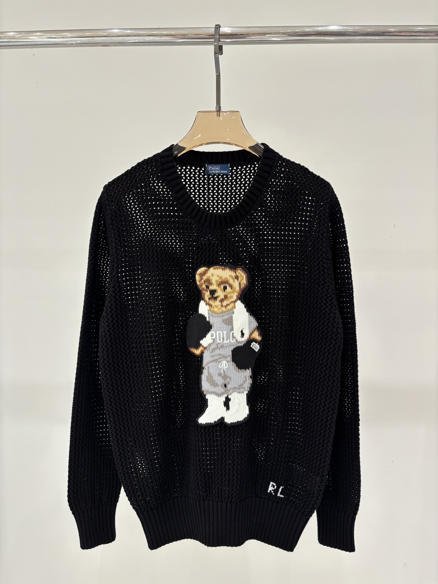 NO:454377,Luff long sleeves｜25 spring and summer new round neck letter bear logo patch jacquard simple hollow casual knitted long sleeves, alexander wang19860909拉夫长袖｜25春夏新款圆领字母小熊logo贴布提花简约镂空休闲针织长袖,,alexander wang,Women's clothing