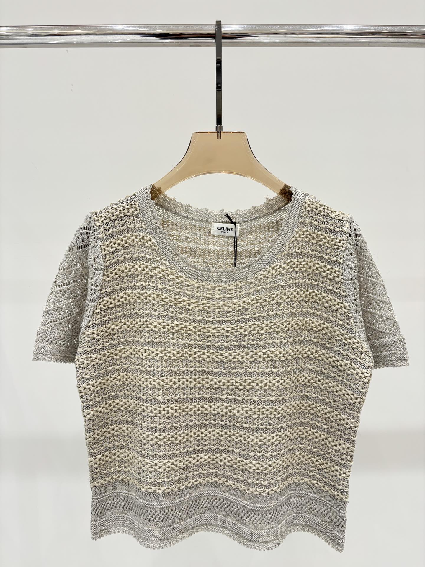 NO:455073,Sailin short sleeves｜25 summer new round collar mixed color striped hollow simple crochet design casual knitted short sleeves, T-shirt, alexander wang19860909赛林短袖｜25夏季新款圆领混色条纹镂空简约钩花设计休闲针织短袖,,T-shirt,alexander wang,Women's clothing