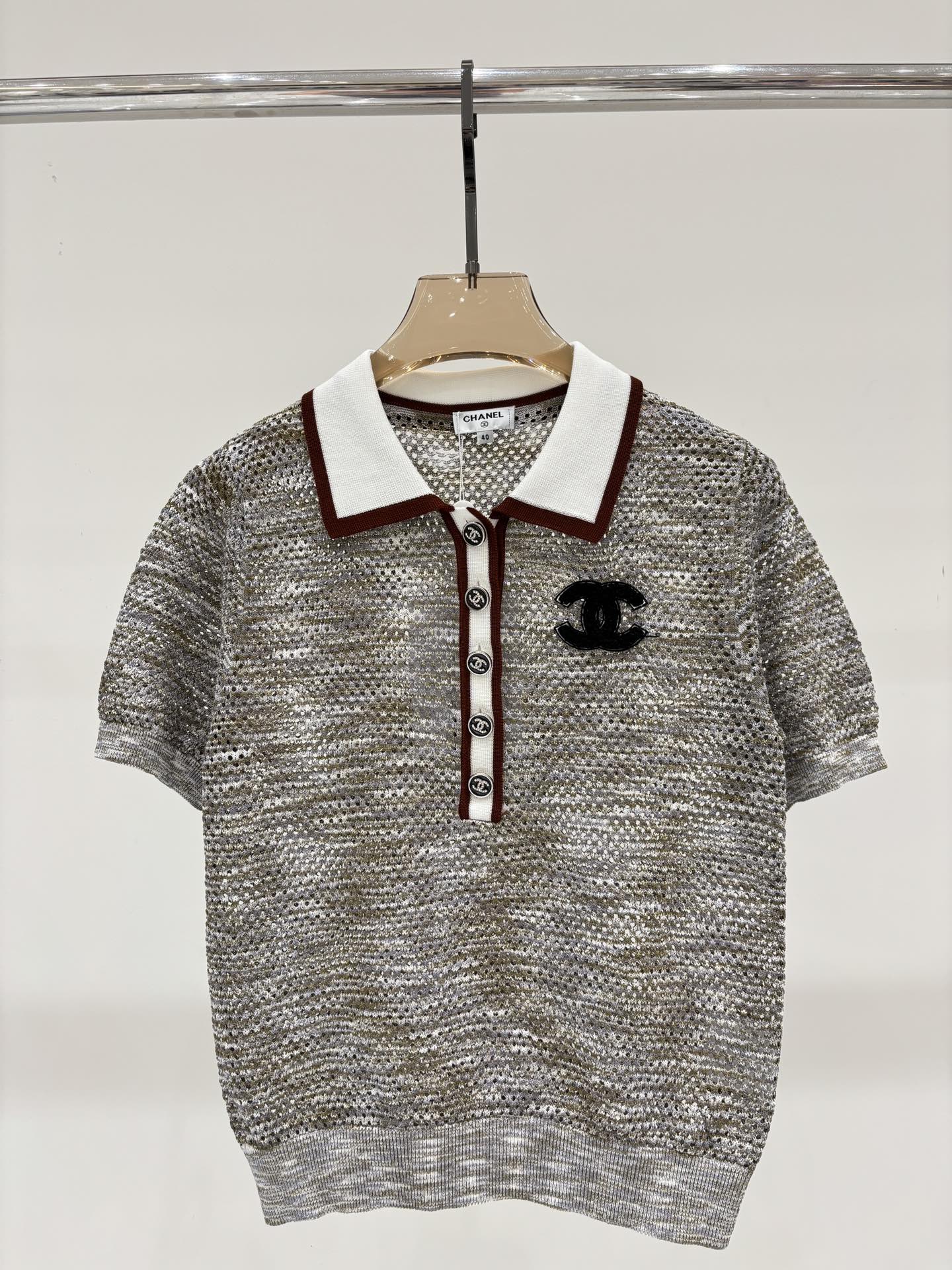 NO:457672,Xiaoxiang short sleeves｜25 summer new lapel letter logo three-dimensional jacquard simple hollow casual knitted short sleeves, T-shirt, alexander wang19860909小香短袖｜25夏季新款翻领字母logo立体提花简约镂空休闲针织短袖,,T-shirt,alexander wang,Women's clothing