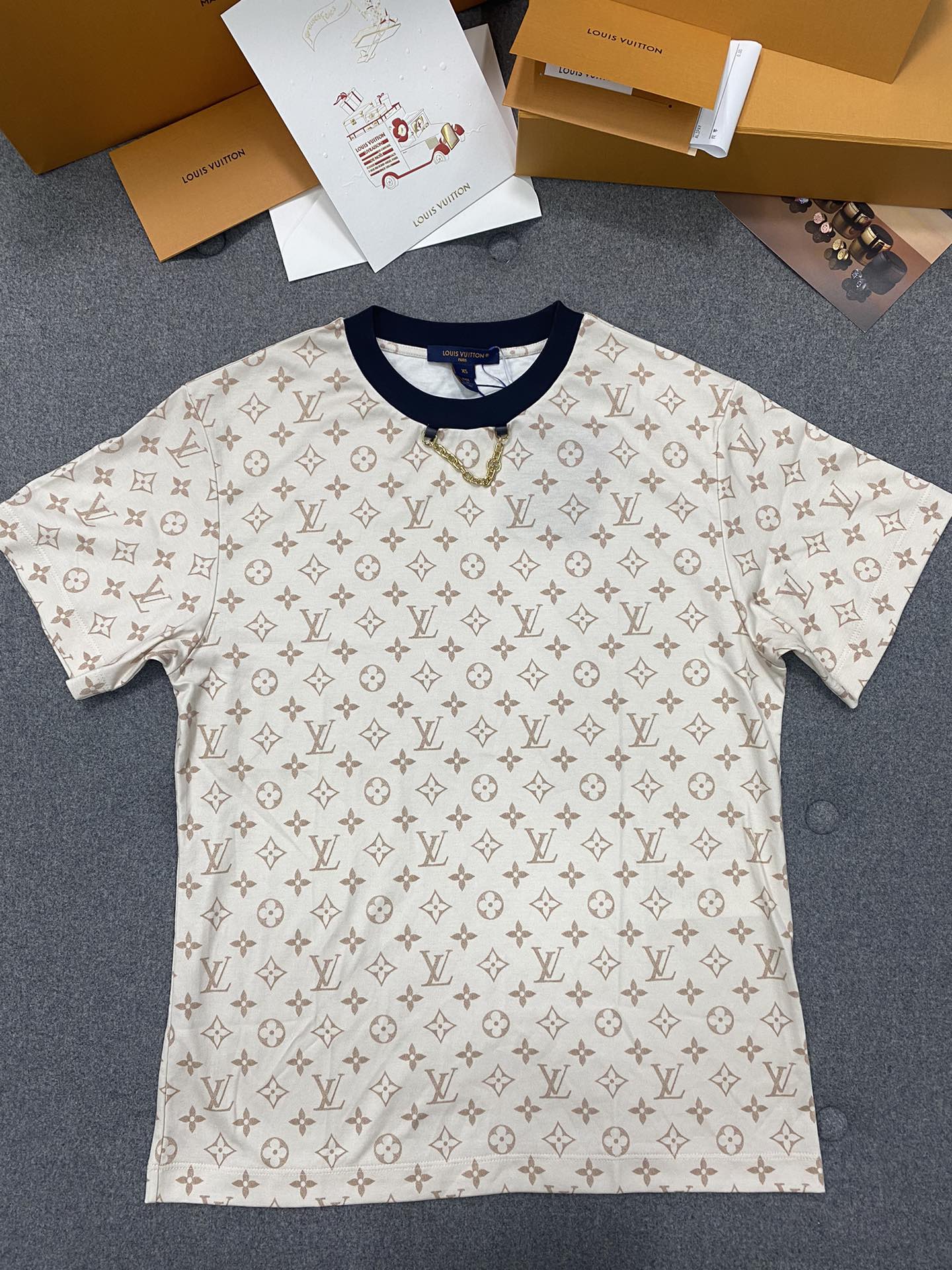 Louis Vuitton Clothing T-Shirt Milk Tea Color Printing Cotton