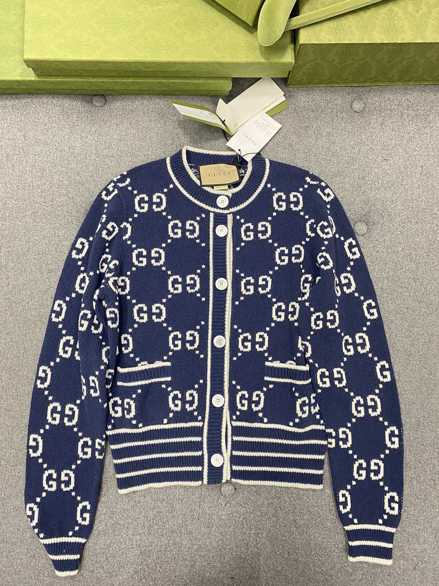 Gucci Kleding Cardigans Blauw Wit Vrouwen Katoen Kunststof Herfst/winter collectie Casual