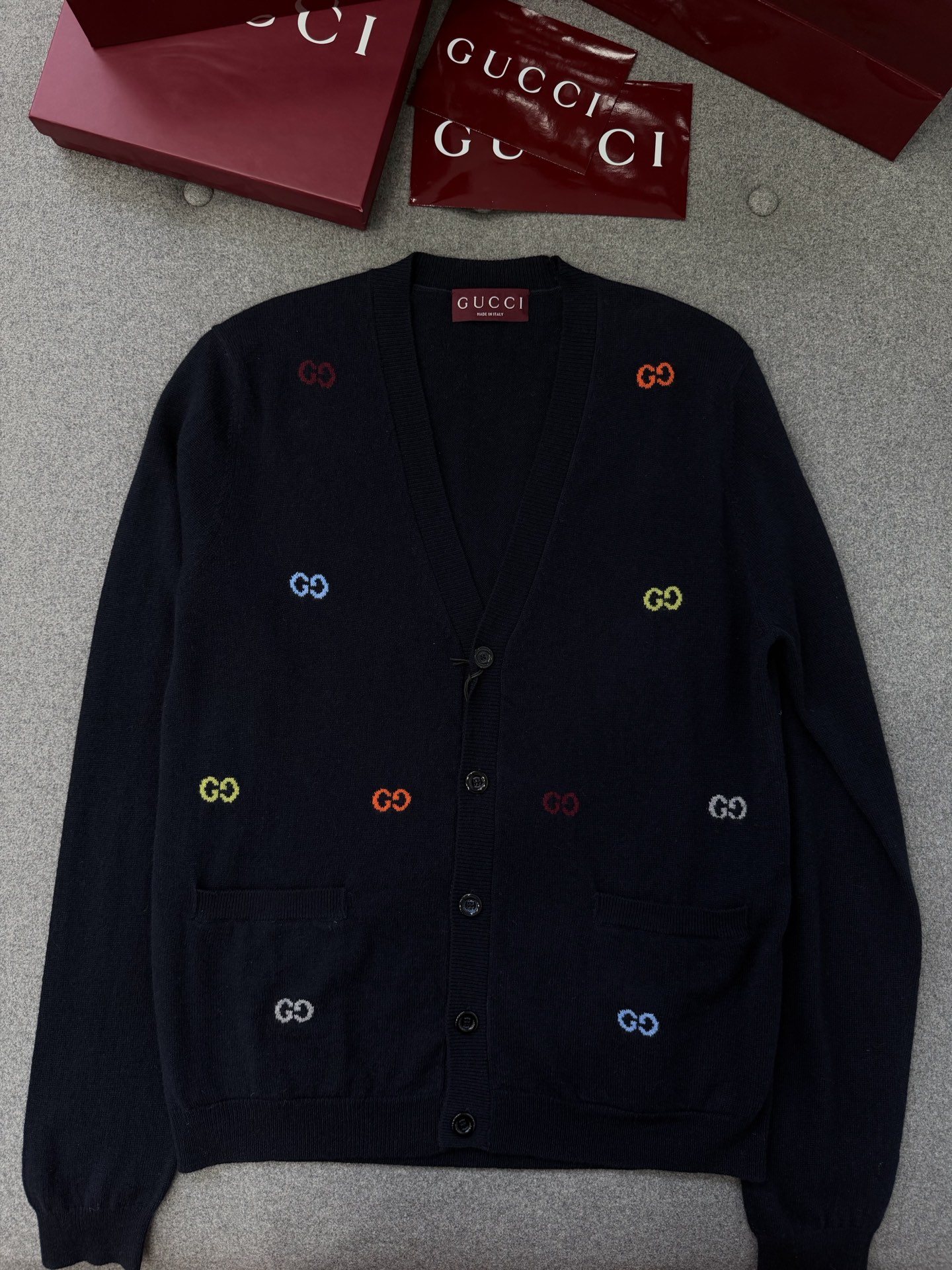 Gucci Navy Embroidered Button Cardigan