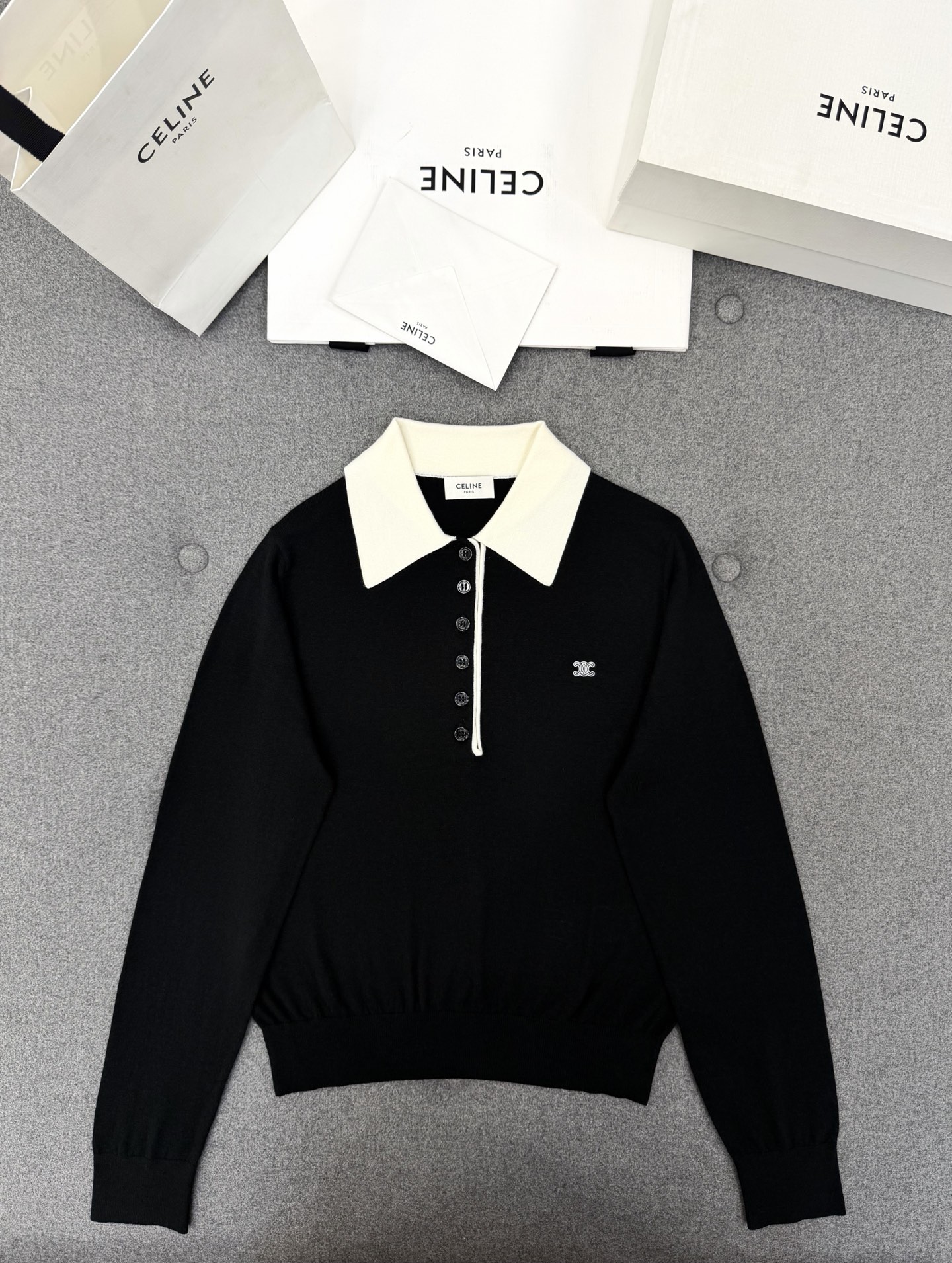 Celine Black Contrast Collar Polo Sweater