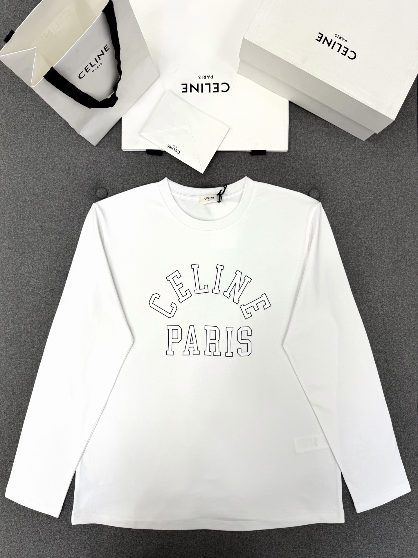 Celine White Logo Long Sleeve T Shirt