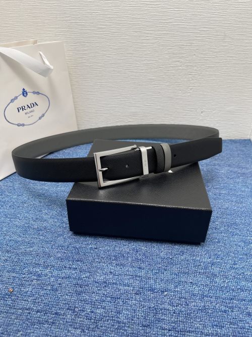 Prada Men's Reversible Leather Belt, 3.4cm Wide, Iconic Logo Buckle 1 Prada Men's Reversible Leather Belt, 3.4cm Wide, Iconic Logo Buckle