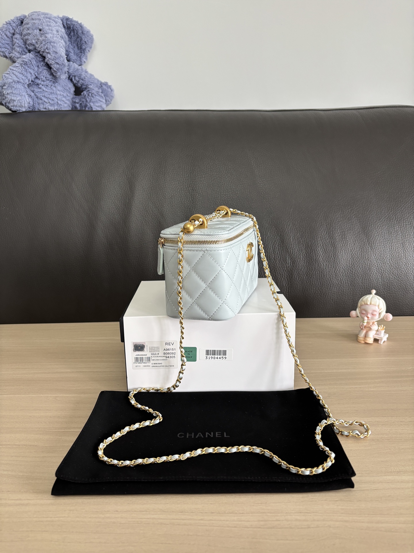 Chanel Vanity Case Bag, 17cm, Light Blue Leather with Golden Chain 2 i1748312831312 2882 0 1