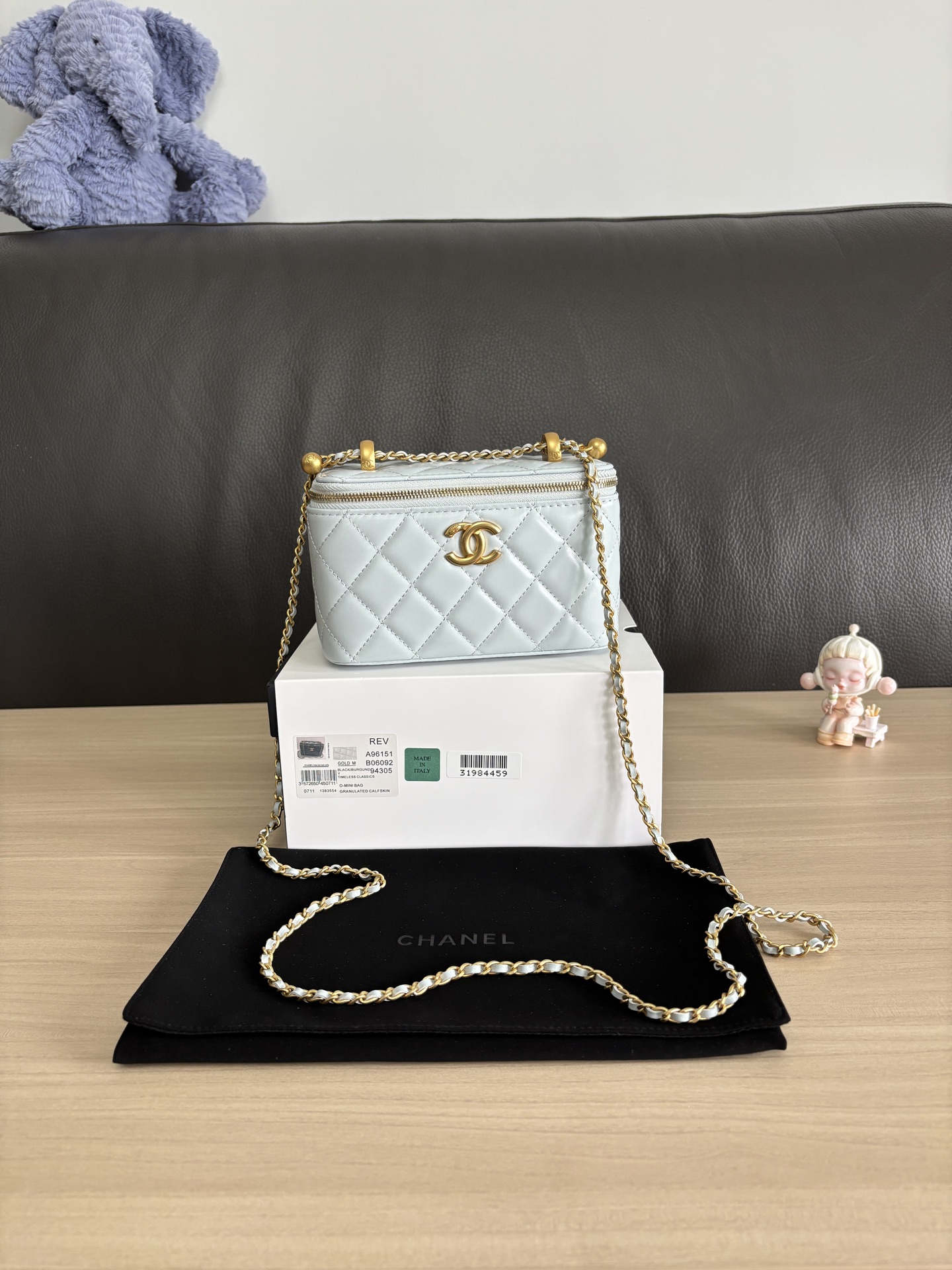 Chanel Vanity Case Bag, 17cm, Light Blue Leather with Golden Chain