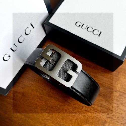 Gucci Men's Black Leather Belt with Silver-Tone 'GG' Buckle, Adjustable 1 Gucci Men's Black Leather Belt with Silver-Tone 'GG' Buckle, Adjustable