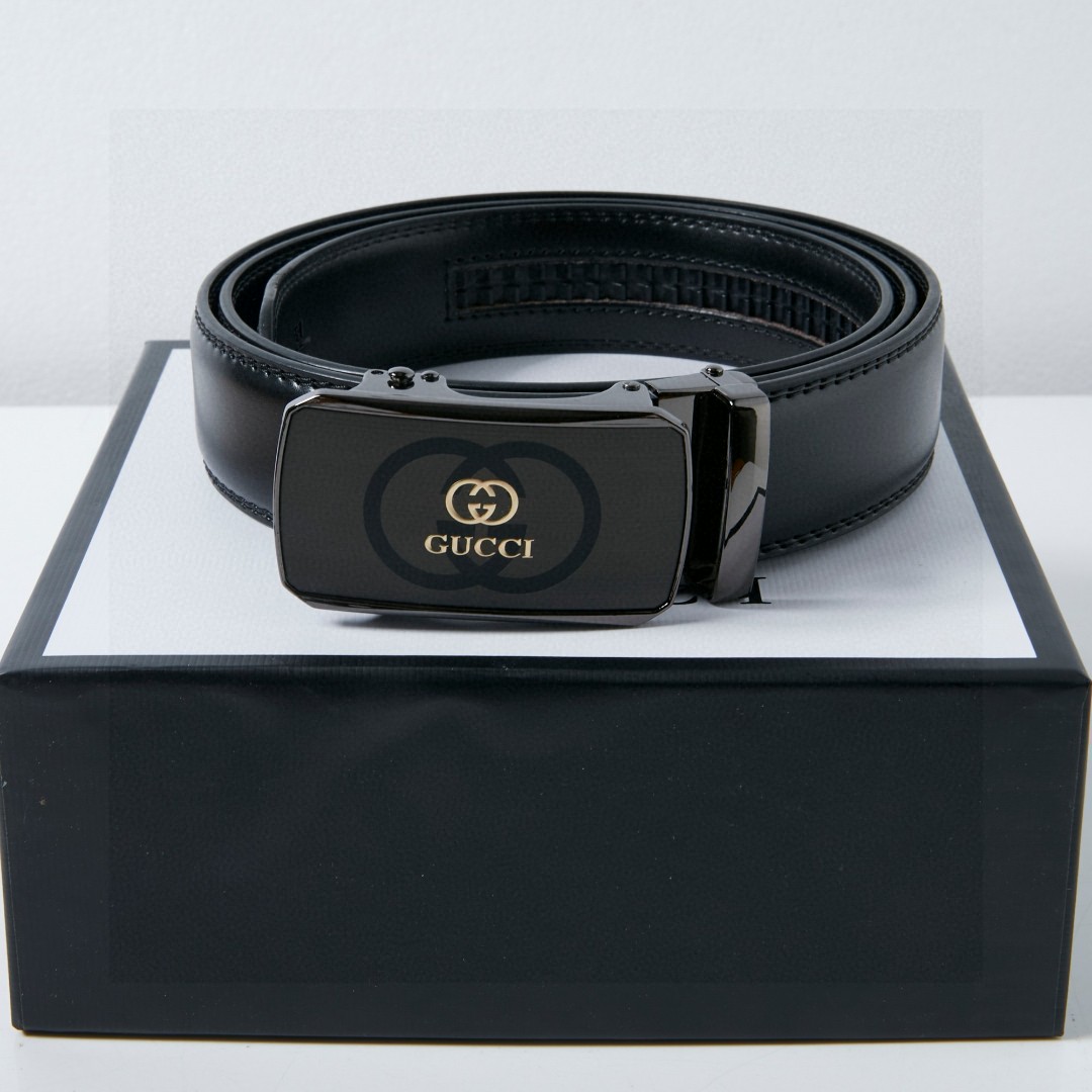 Gucci Men's Black Leather Belt with Matte Buckle, Adjustable Up to 120 cm