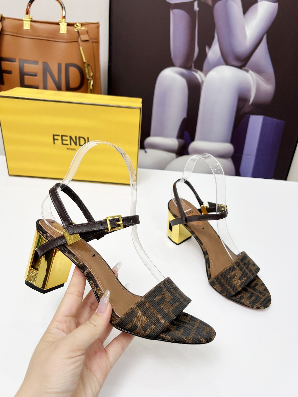 Fendi Delfina Show Sandals with FF Logo and Gold Heel Detail 2 a1742799747306 0748