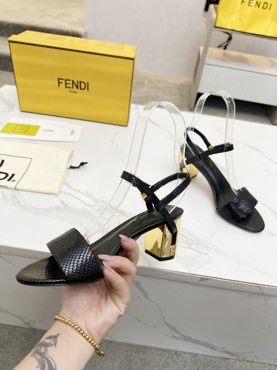 Fendi Delfina Heeled Sandals - Black Leather with FF Logo Detail 5 a1743334882641 3564