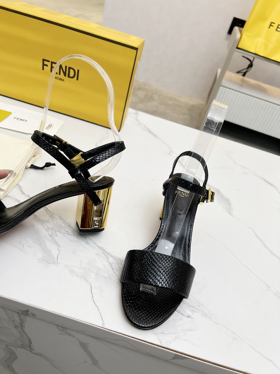 Fendi Delfina Heeled Sandals - Black Leather with FF Logo Detail 7 a1743334882648 0450