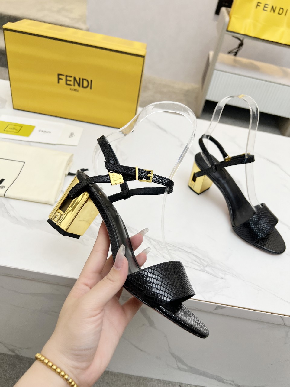 Fendi Delfina Heeled Sandals - Black Leather with FF Logo Detail 4 a1743334882663 8285