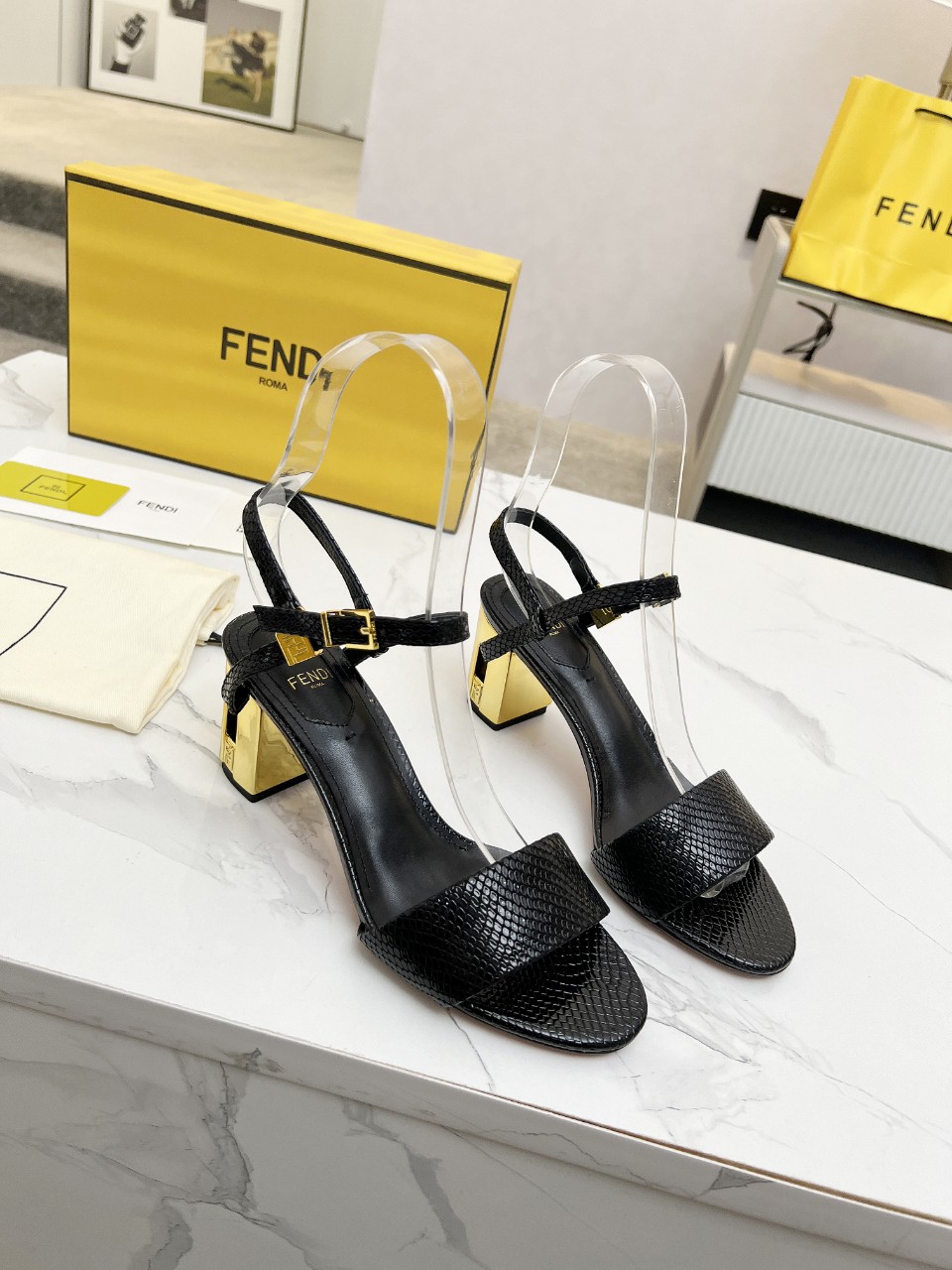 Fendi Delfina Heeled Sandals - Black Leather with FF Logo Detail 2 a1743334882683 0022
