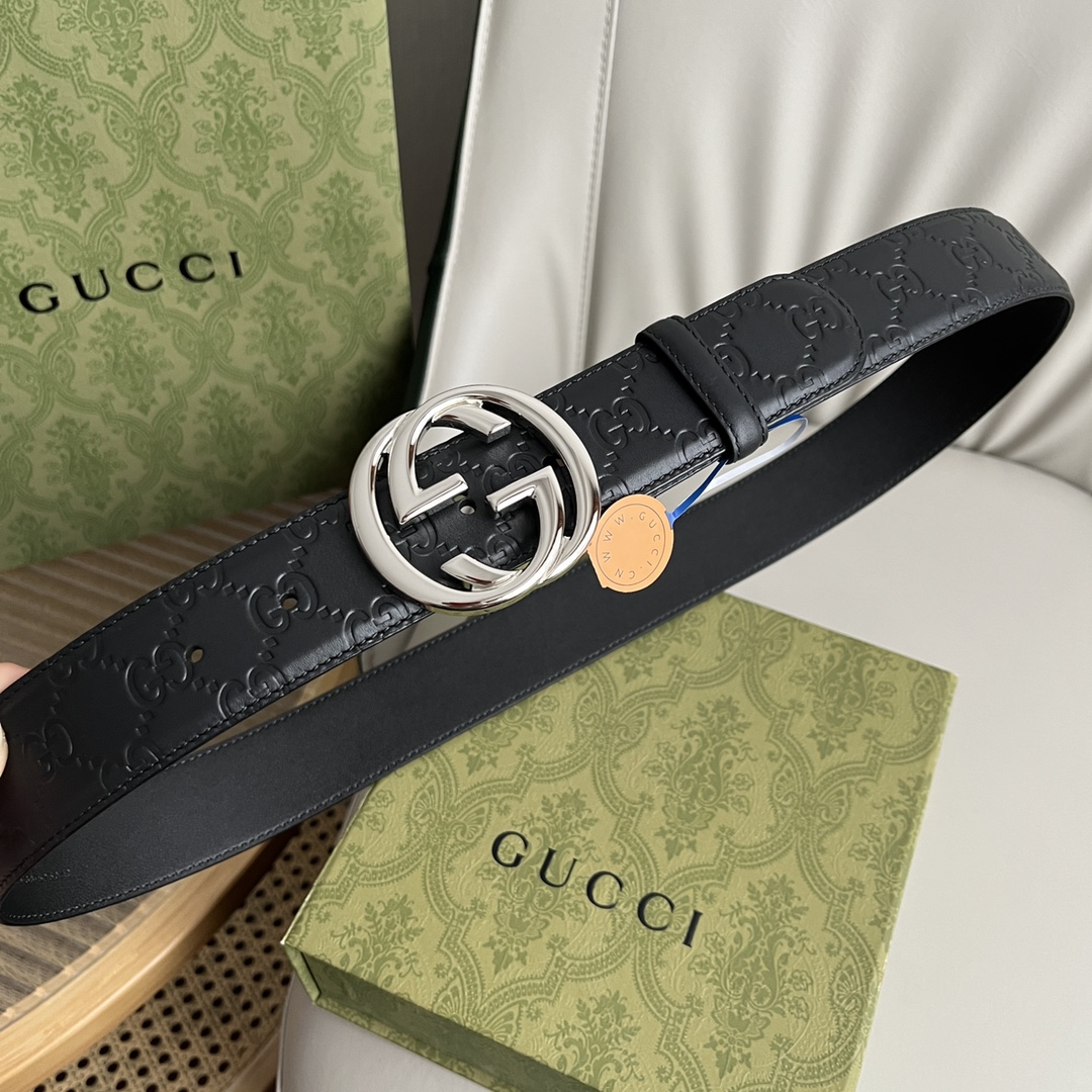 GUCCI经典全皮压花专柜新版logo横标原版进口南非皮底精品双G新款钢扣高端品质不惧对比宽度40mm