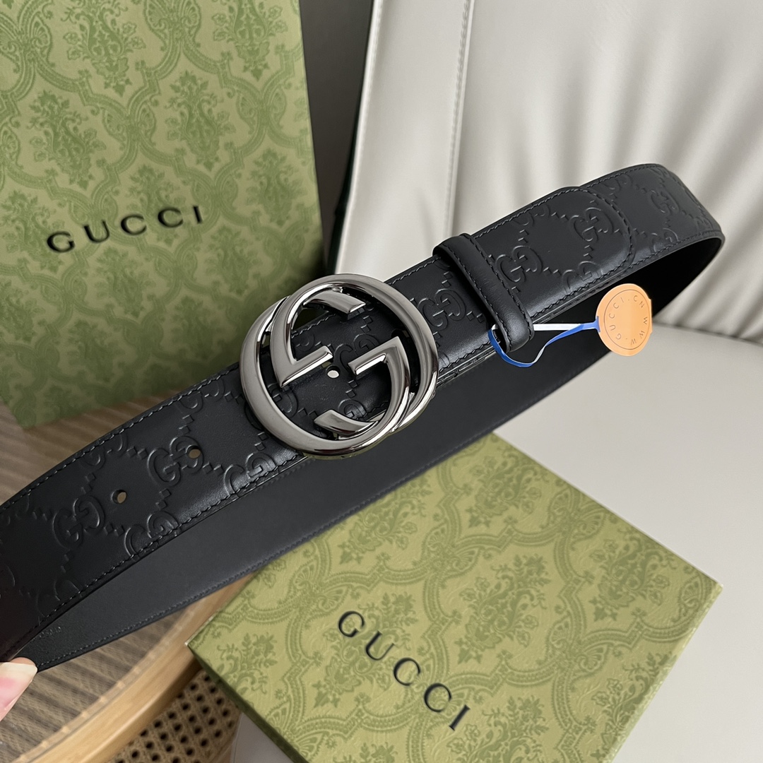 GUCCI经典全皮压花专柜新版logo横标原版进口南非皮底精品双G新款钢扣高端品质不惧对比宽度40mm