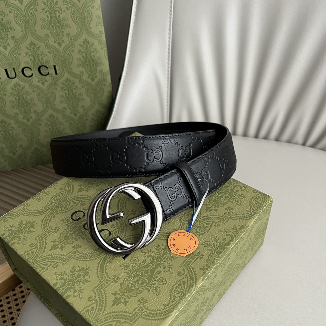 GUCCI经典全皮压花专柜新版logo横标原版进口南非皮底精品双G新款钢扣高端品质不惧对比宽度40mm