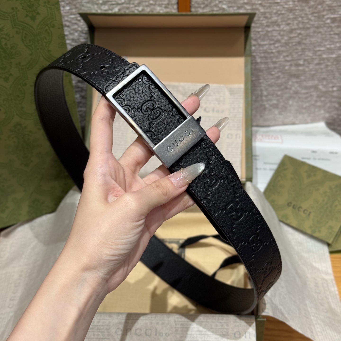 G家🤔顶級原單 原版復刻出品 寬度3.5  於經典之中融入新意 带身进口荔枝饰有双G标识 原厂荔枝纹牛皮