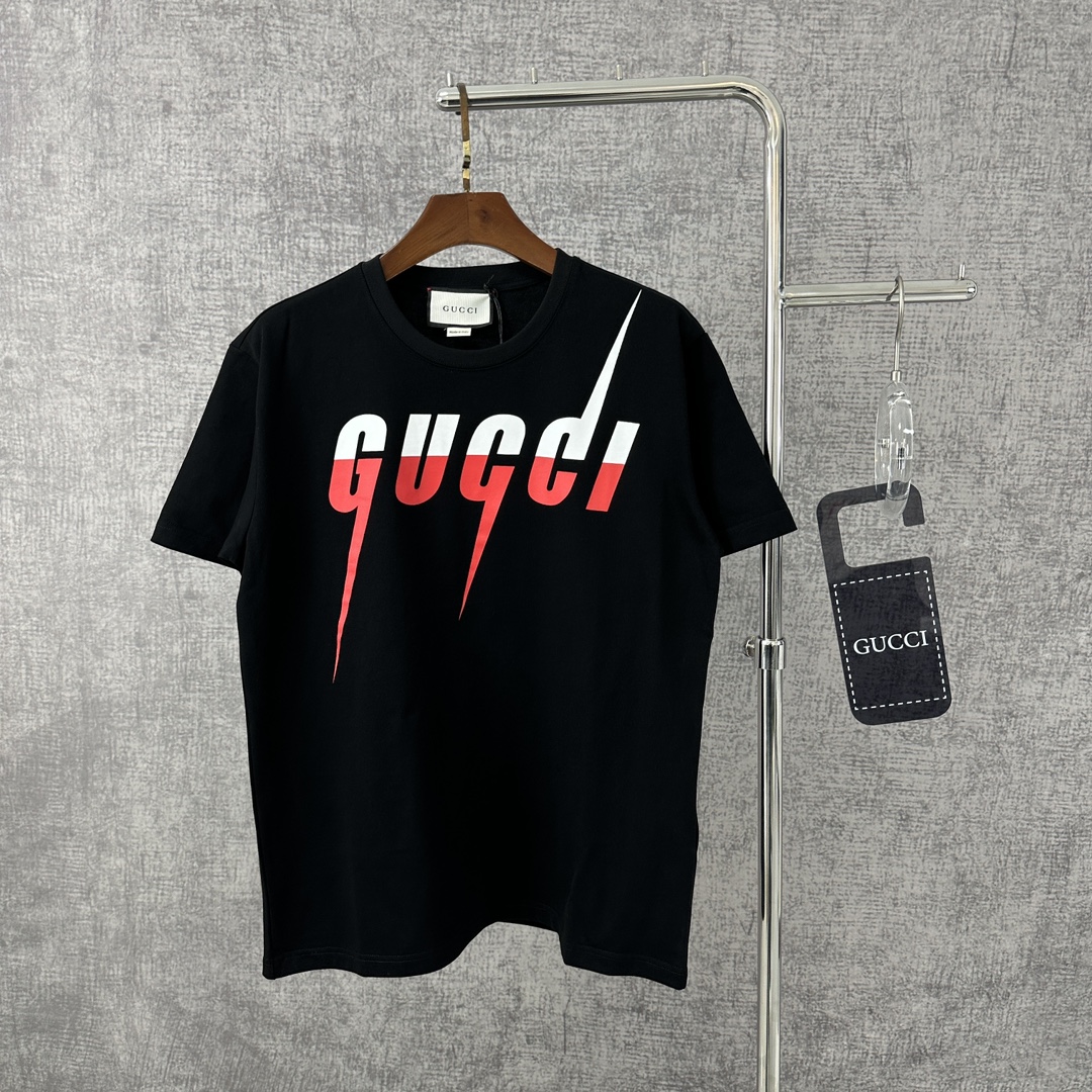 Gucci Clothing T-Shirt Wholesale Sale
 Black White Printing Cotton Knitted Knitting Spring Collection Short Sleeve