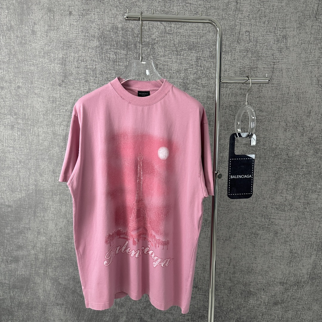 Balenciaga Clothing T-Shirt Blue Pink Printing Unisex Knitting Vintage Short Sleeve