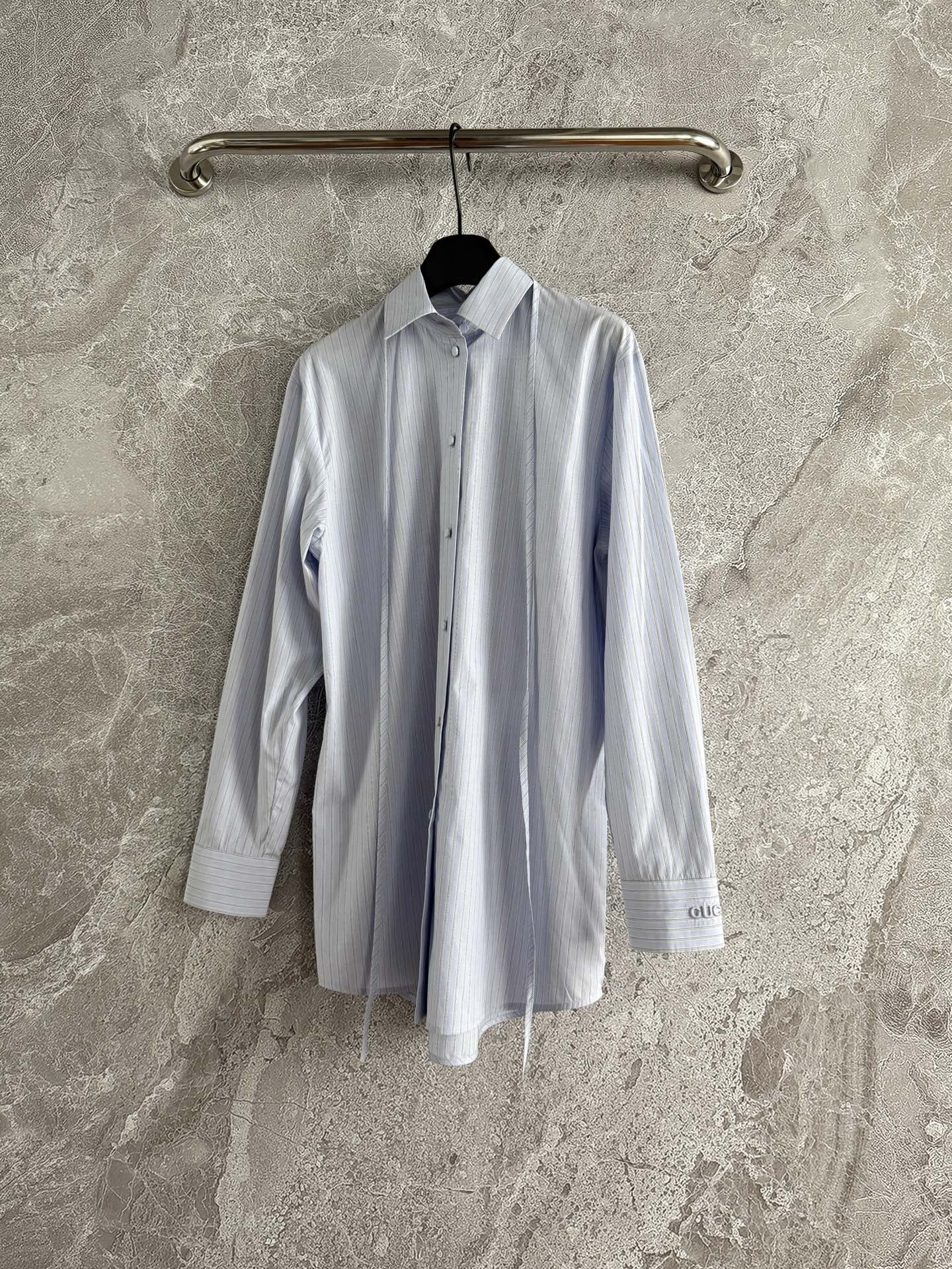 “Stylish P736 Dress: Blue Body, Neutron Stripe, Bone Sense Fabric, Sizes S M L”