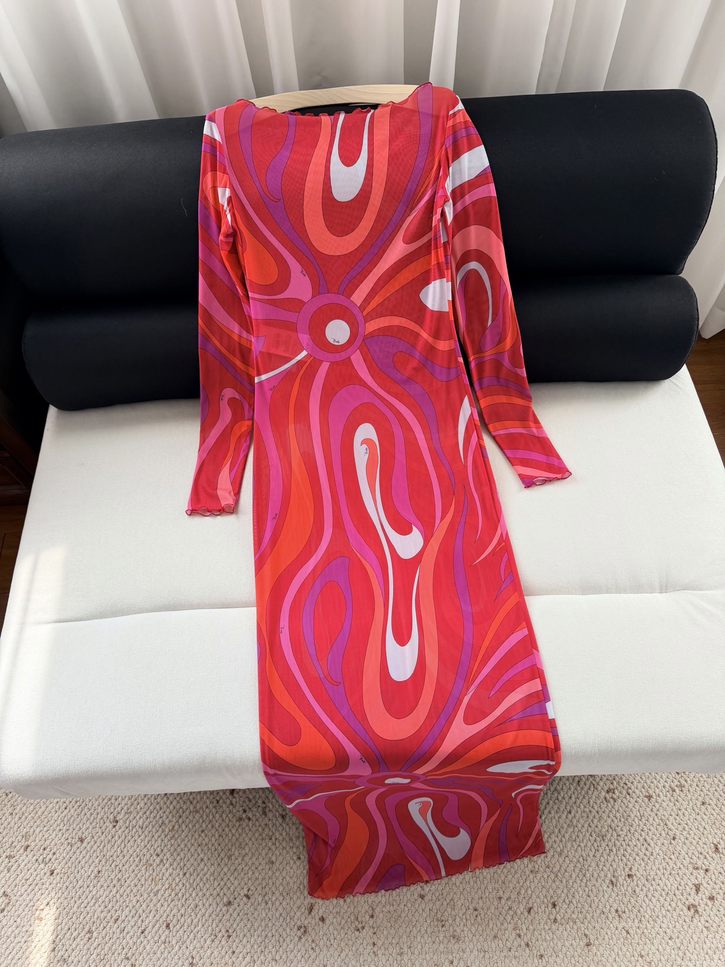 现货‼️‼️/薄纱透视连衣裙✨典藏的“Marmo”漩涡图案环绕印花，薄纱罩衫式长裙，网布制成 修身裁剪 