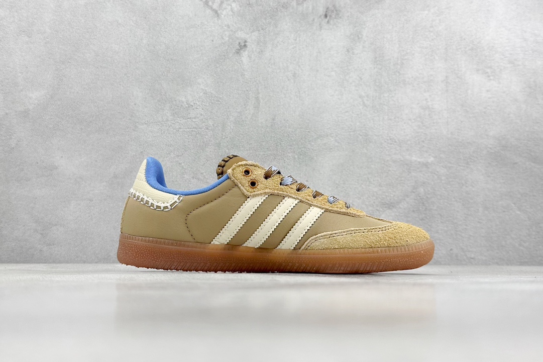 Adidas Originals Samba Classic”Tan/White/Gum” Samba dance shoes ”Jointly branded milk tea yellow, milk white and blue raw rubber sole” IH3261