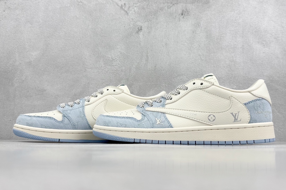 280 Travis Scott x Nike Air Jordan 1 Low x Louis Vuitton 三方联名 Air Jordan 1 Low 反转白牛仔布浅蓝倒钩 LJ5188-003