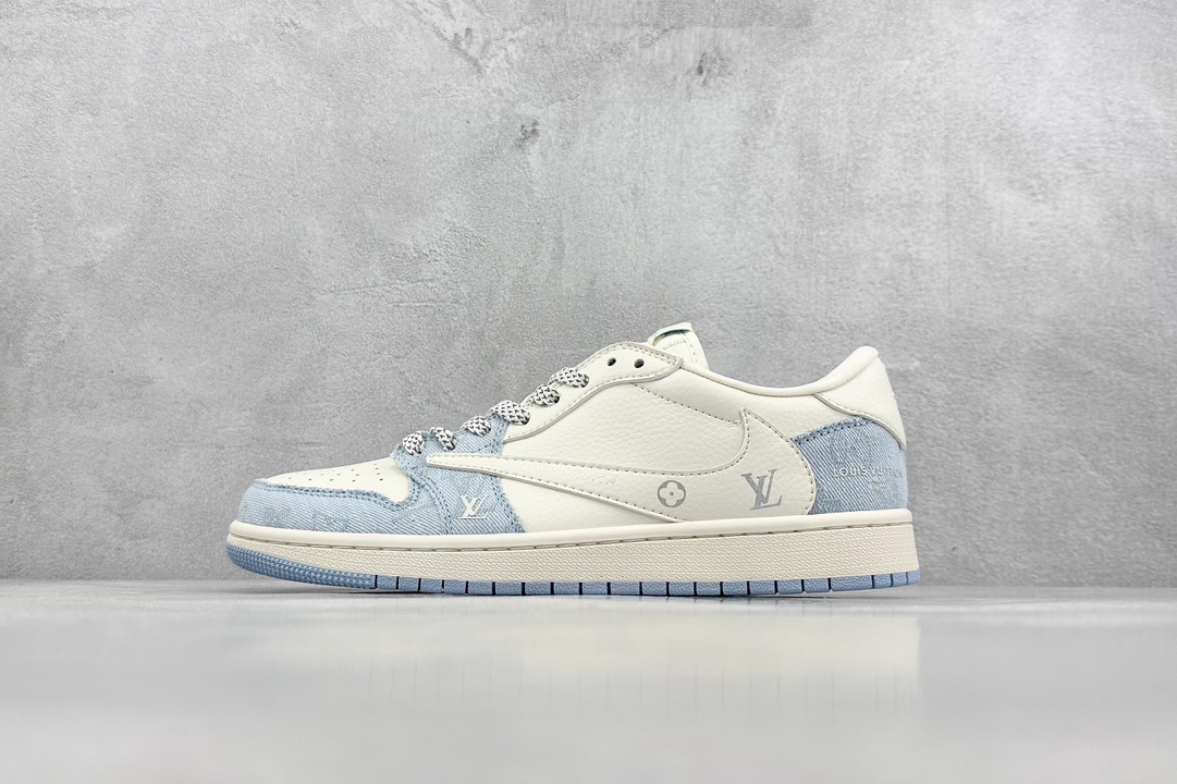 280 Travis Scott x Nike Air Jordan 1 Low x Louis Vuitton 三方联名 Air Jordan 1 Low 反转白牛仔布浅蓝倒钩 LJ5188-003
