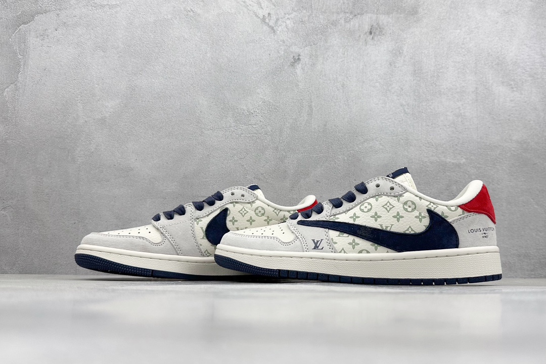 K版 Travis Scott x Nike Air Jordan 1 Low x Louis Vuitton Air Jordan 1 Low 反转翻毛白蓝红倒钩 YQ2088-668