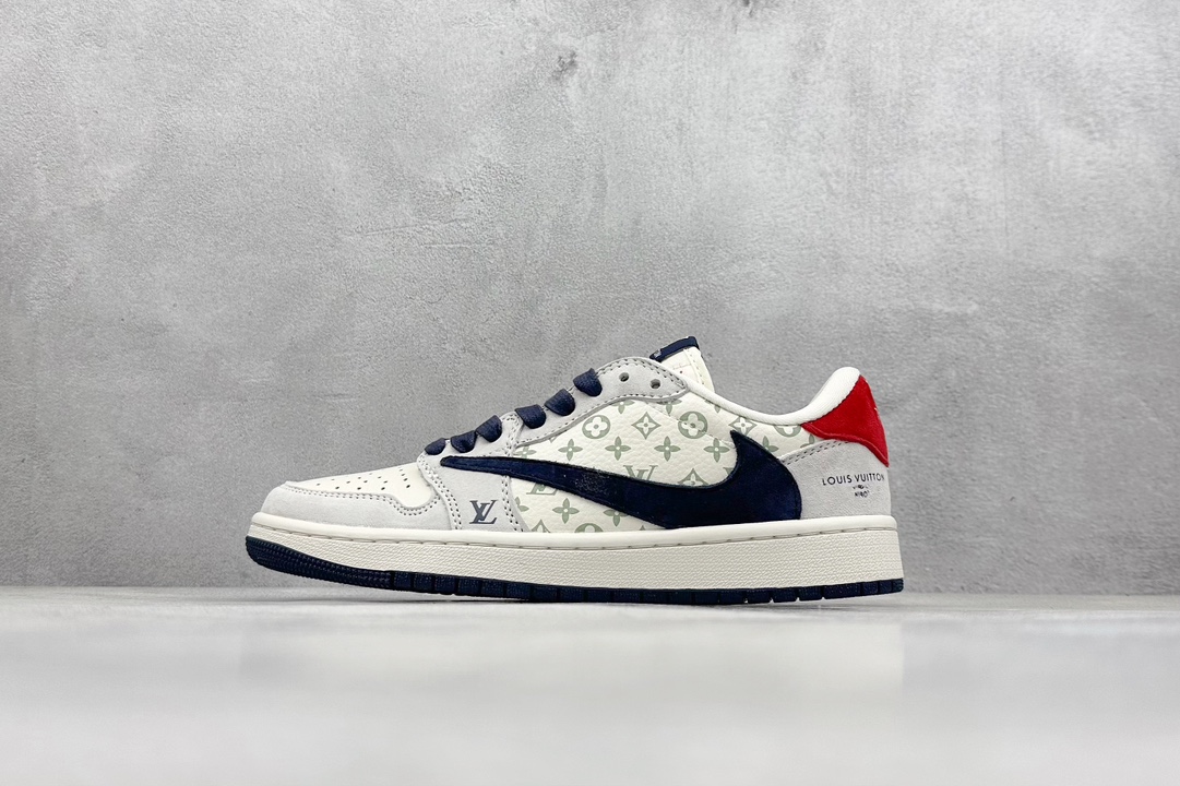 K版 Travis Scott x Nike Air Jordan 1 Low x Louis Vuitton Air Jordan 1 Low 反转翻毛白蓝红倒钩 YQ2088-668