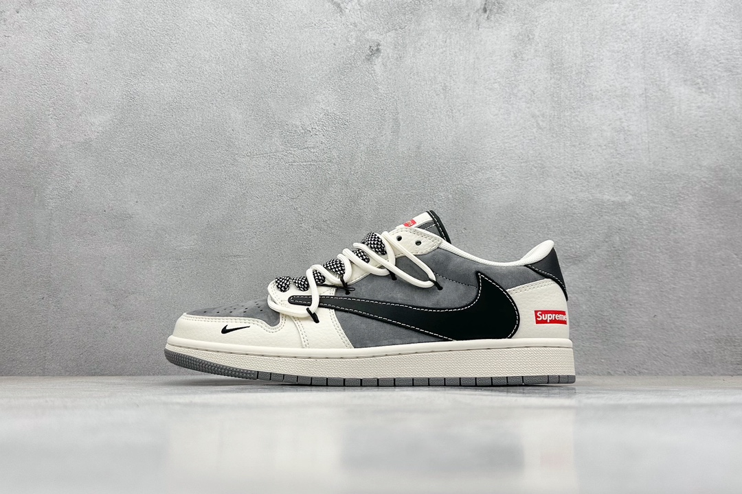 is Scott x Nike Air Jordan 1 Low x Supreme 三方联名 Air Jordan 1 Low 反转米灰黑绑带倒钩 SJ0086-132