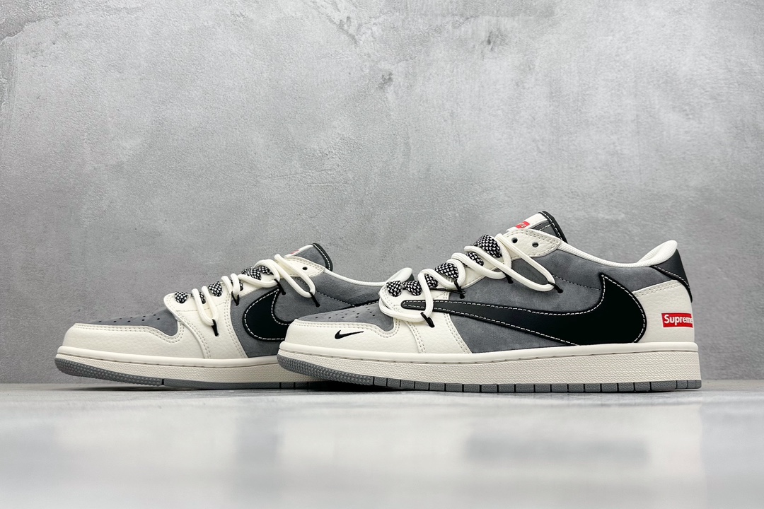 is Scott x Nike Air Jordan 1 Low x Supreme 三方联名 Air Jordan 1 Low 反转米灰黑绑带倒钩 SJ0086-132