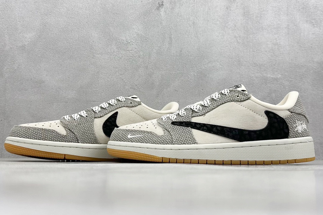 Travis Scott x Nike Air Jordan 1 Low x Stussy Air Jordan 1 Low 反转米黑拼接帆布满天星倒钩 JH6089-006