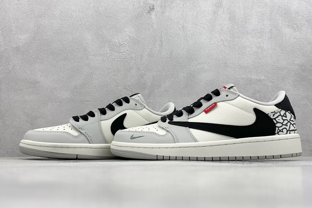 Travis Scott x Nike Air Jordan 1 Low x Supreme Air Jordan 1 Low 反转米黑灰小钩爆裂纹倒钩 JH6089-003