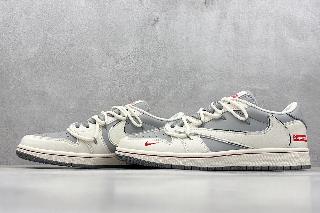 Travis Scott x Nike Air Jordan 1 Low x Supreme 三方联名 Air Jordan 1 Low 反转米灰红绑带倒钩 SJ0086-137