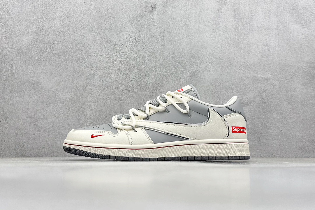 Travis Scott x Nike Air Jordan 1 Low x Supreme 三方联名 Air Jordan 1 Low 反转米灰红绑带倒钩 SJ0086-137