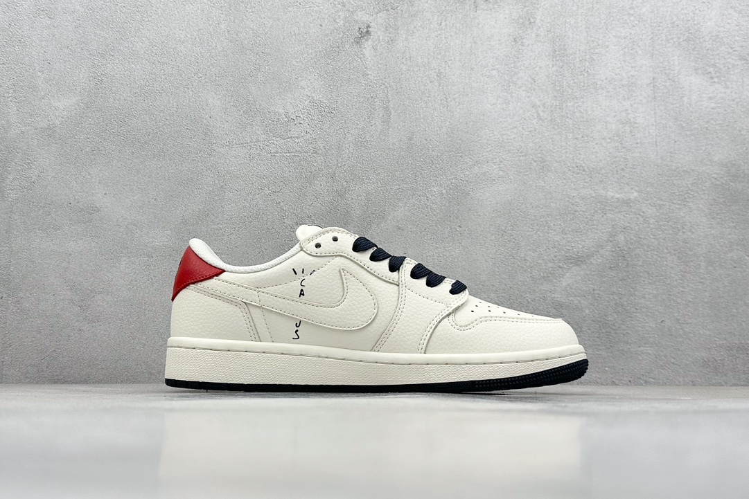 Travis Scott x Fragment Design x Air Jordan 1 Low OG SP AJ1 乔1 Supreme北面联名-米白红尾黑勾 低帮文化休闲板鞋 DIY1688-003