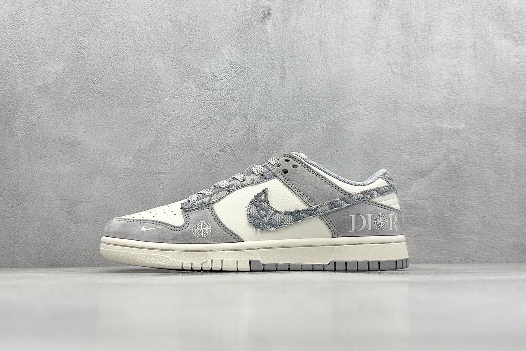 XC版 Nike SB Dunk Low“迪奥X石头岛三方联名——织布米灰灰勾” 周年高端定制 低帮休闲板鞋  DM6868-006