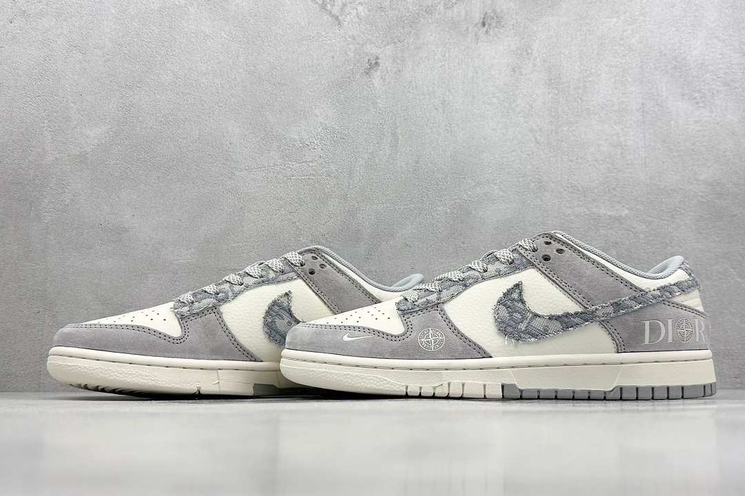 XC版 Nike SB Dunk Low“迪奥X石头岛三方联名——织布米灰灰勾” 周年高端定制 低帮休闲板鞋  DM6868-006