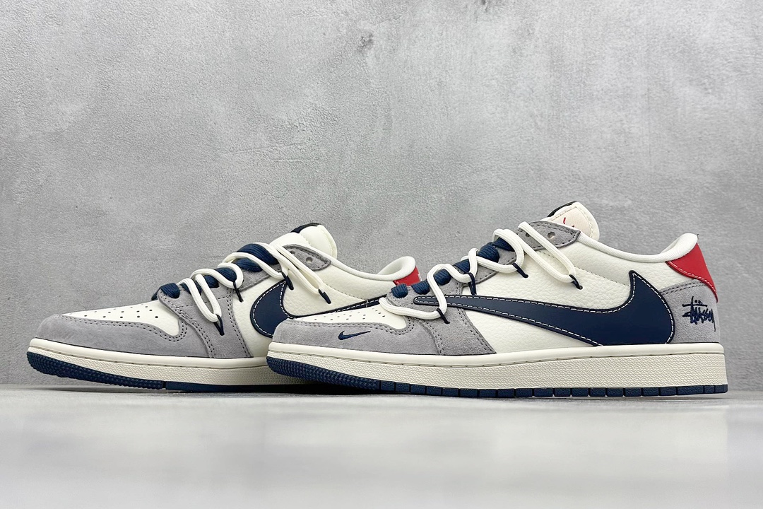 XC版 Travis Scott x Fragment Design x Jordan Air Jordan 1 Low OG SP “斯图西联名——灰蓝勾抽绳”   SJ0086-140