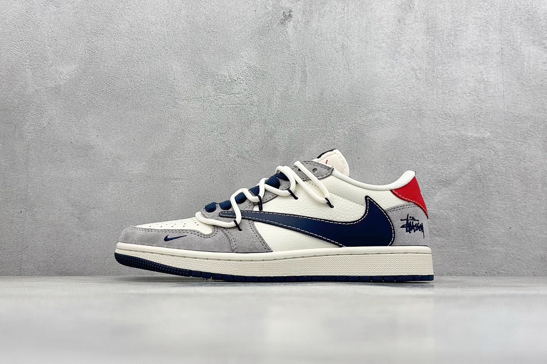 XC版 Travis Scott x Fragment Design x Jordan Air Jordan 1 Low OG SP “斯图西联名——灰蓝勾抽绳”   SJ0086-140