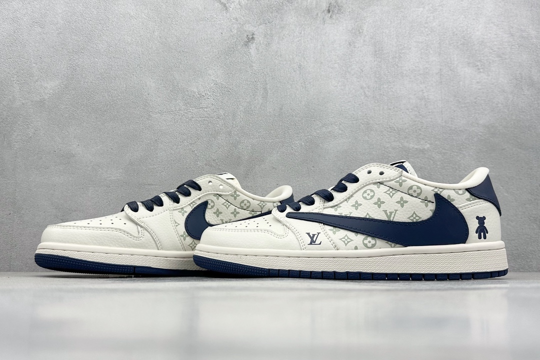 XC版 Travis Scott x Nike Air Jordan 1 Low x Louis Vuitton 三方联名 Air Jordan 1 Low 反转白深蓝暴力熊倒钩 SJ2068-100