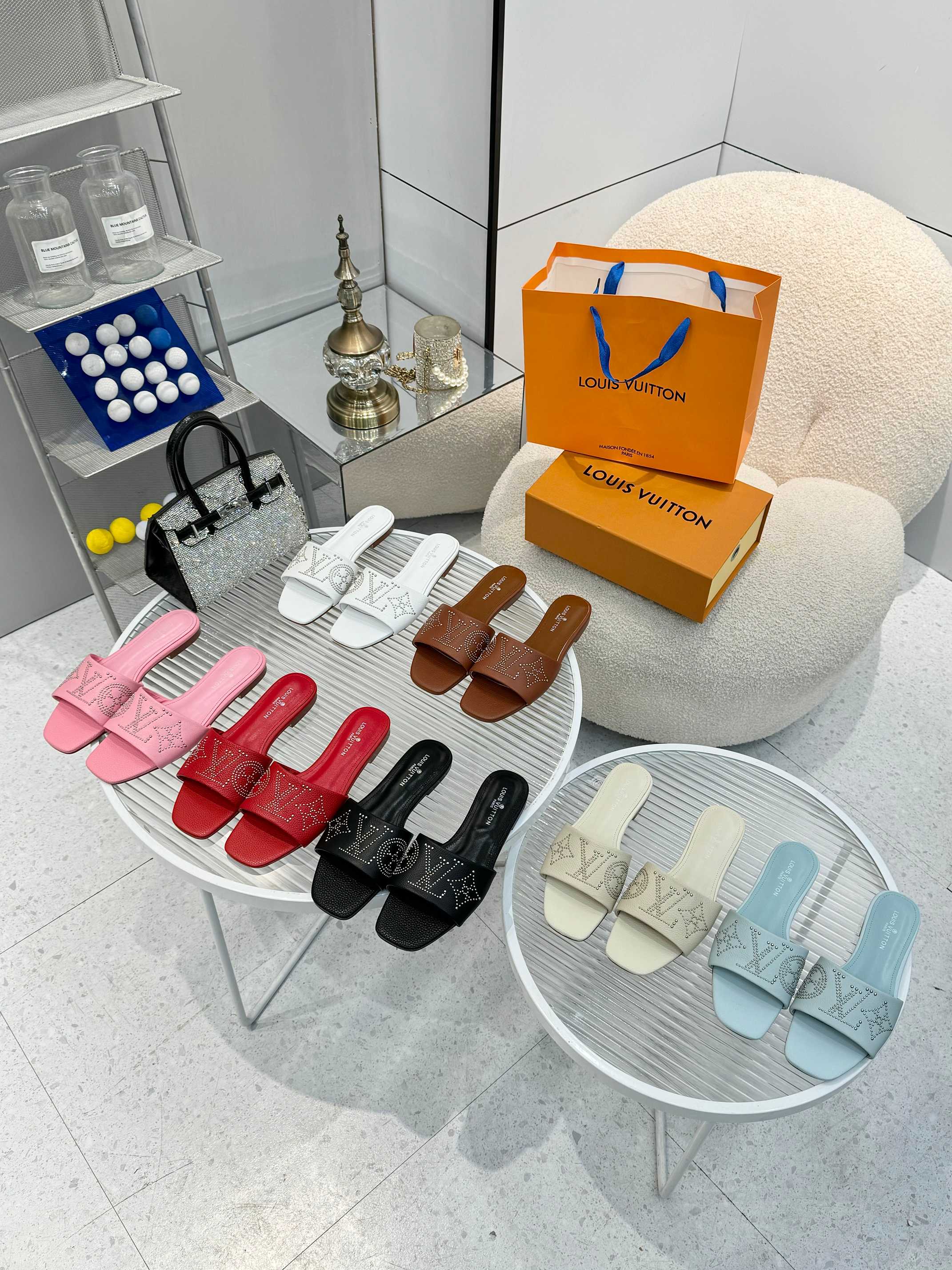 Louis Vuitton Brown Leather Studded LV Logo Sandals Slides Size 35-40 10 a1742621354674 0471